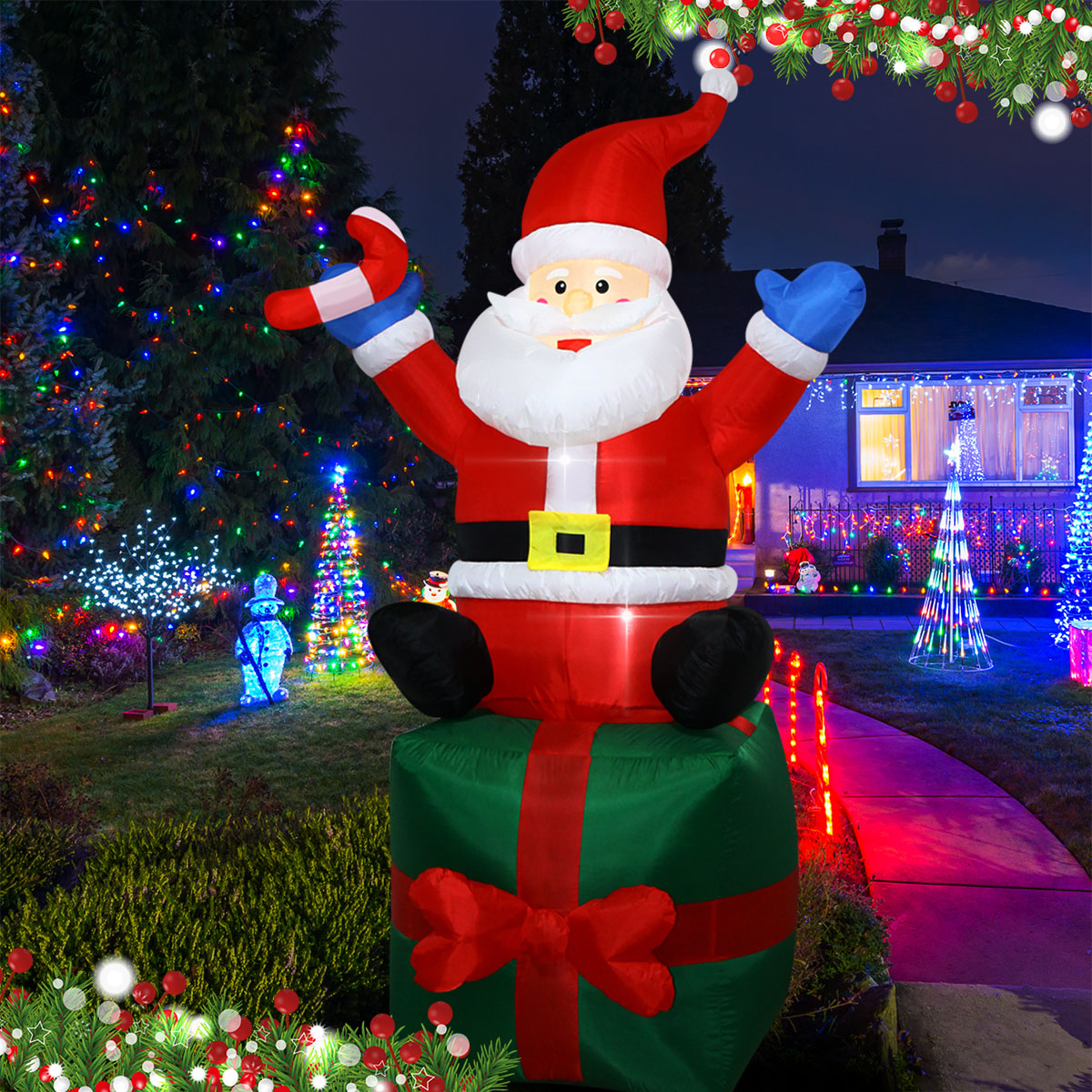 Outdoor Lighting Box - 6FT Kerst Opblaasbare Kerstman op Geschenkdoos
